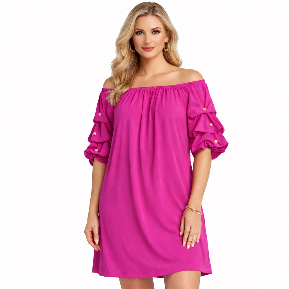 Ivy Road Fuchsia Off-Shoulder Size L‎ Pearl Sleeve Detail Stretchy Shift Dress